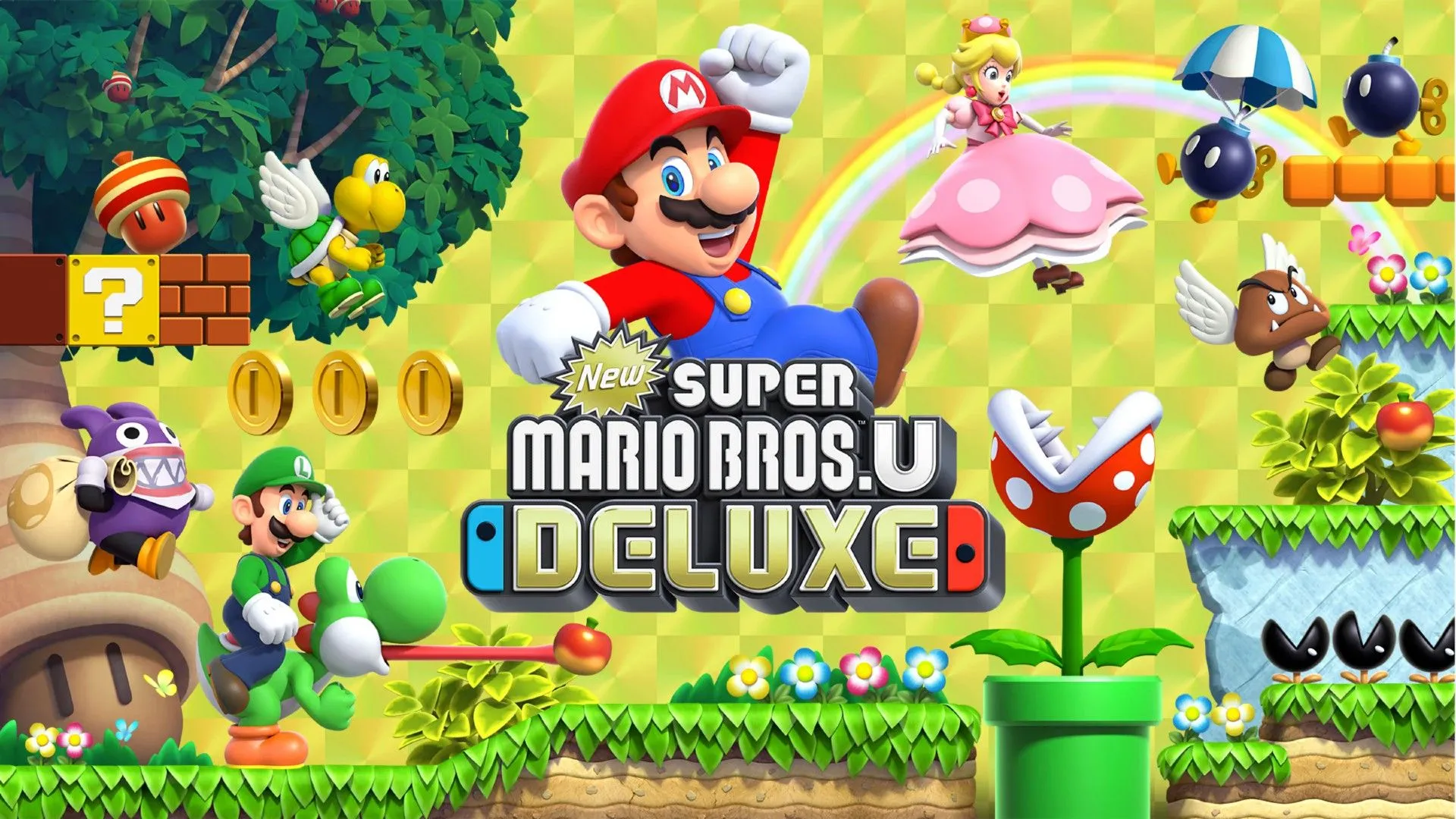 Mario nhảy qua chướng ngại vật trong màn chơi New Super Mario Bros U Deluxe, thể hiện gameplay platformer cổ điển.