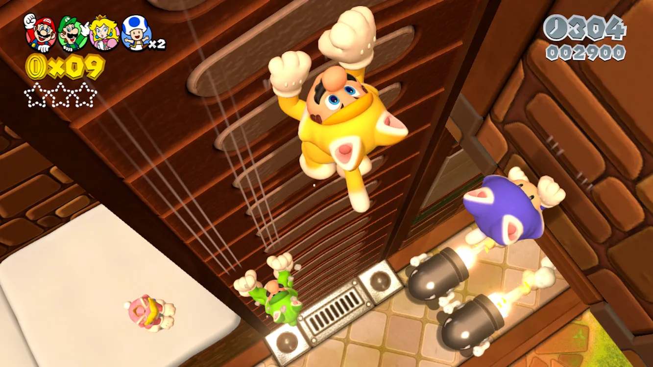Mario trong trang phục mèo màu vàng độc đáo, đang chạy trong môi trường game Super Mario 3D World trên console Wii U.