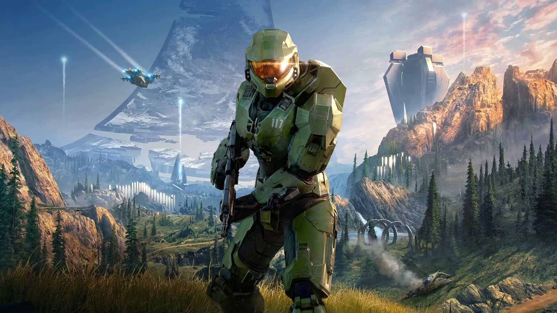 Master Chief, biểu tượng của Halo Infinite, cầm vũ khí trong khu vực rừng cỏ trên vòng đai.