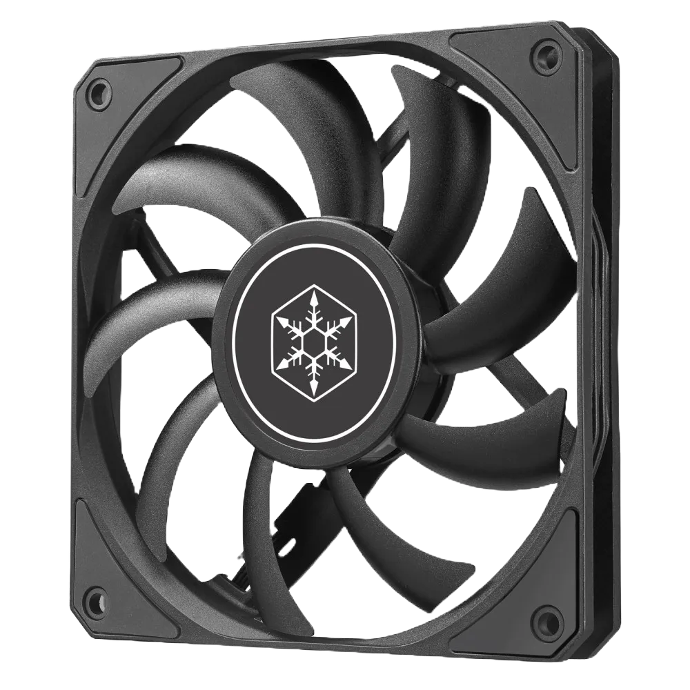 Mặt trước quạt SilverStone Air Slimmer 120, cho thấy thiết kế siêu mỏng và các cánh quạt tối ưu luồng gió.