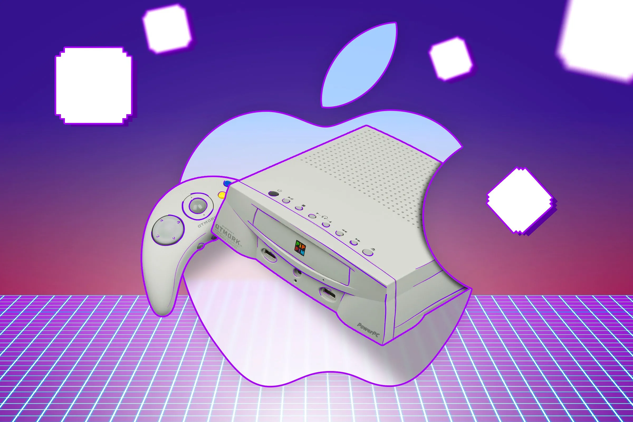 Máy chơi game Apple Pippin được đặt trên nền một bức tranh mang phong cách game retro