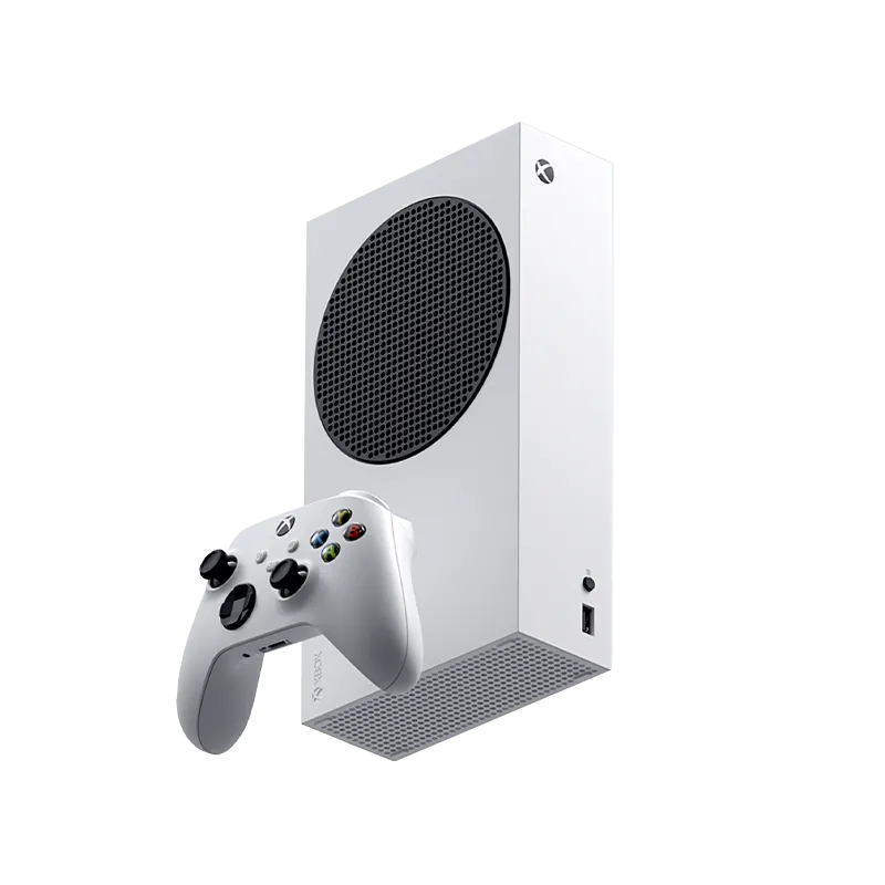 Máy chơi game console Xbox Series S màu trắng đi kèm tay cầm, biểu tượng của nền tảng game hỗ trợ chuột và bàn phím.