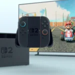 Máy chơi game Nintendo Switch 2 ở chế độ TV (docked) với tay cầm Joy-Con, hiển thị màn hình đang chơi tựa game Mario Kart.