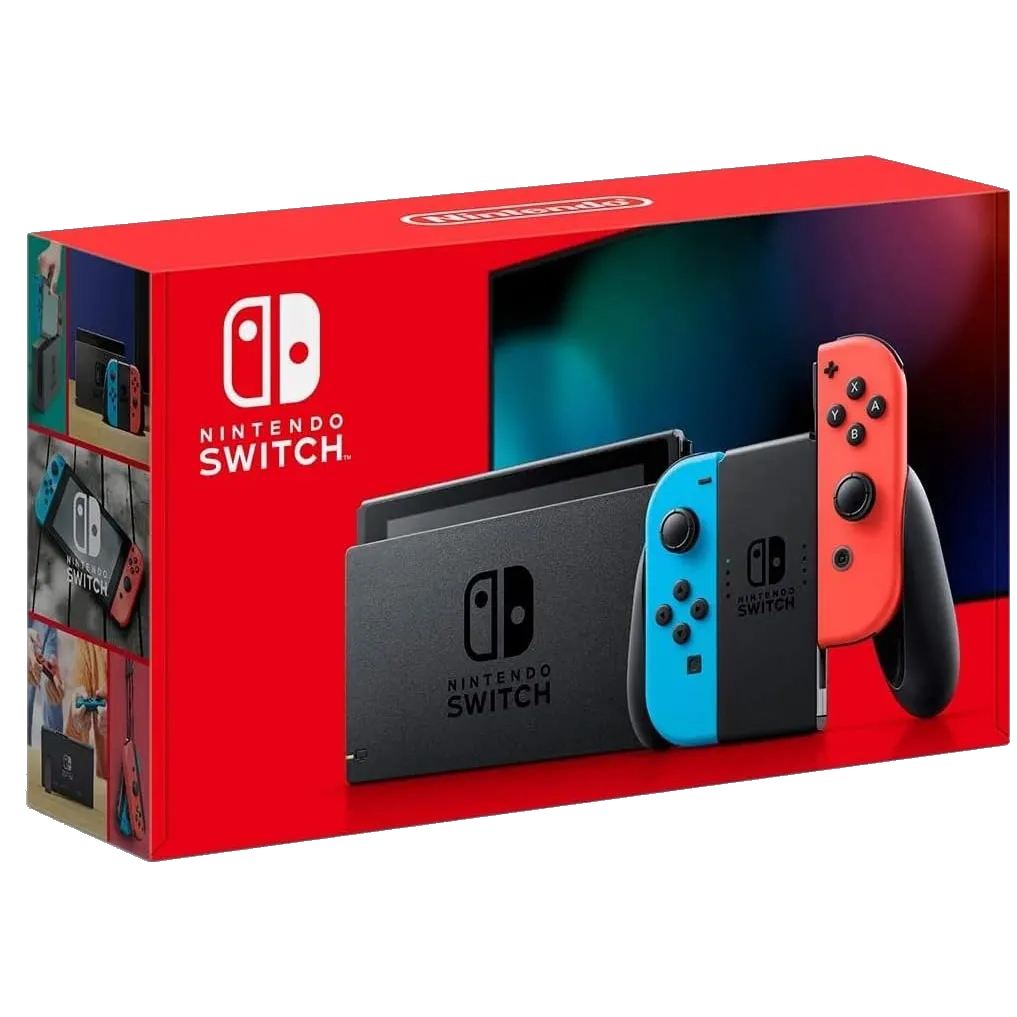 Máy chơi game Nintendo Switch màu đỏ và xanh dương trên nền trắng
