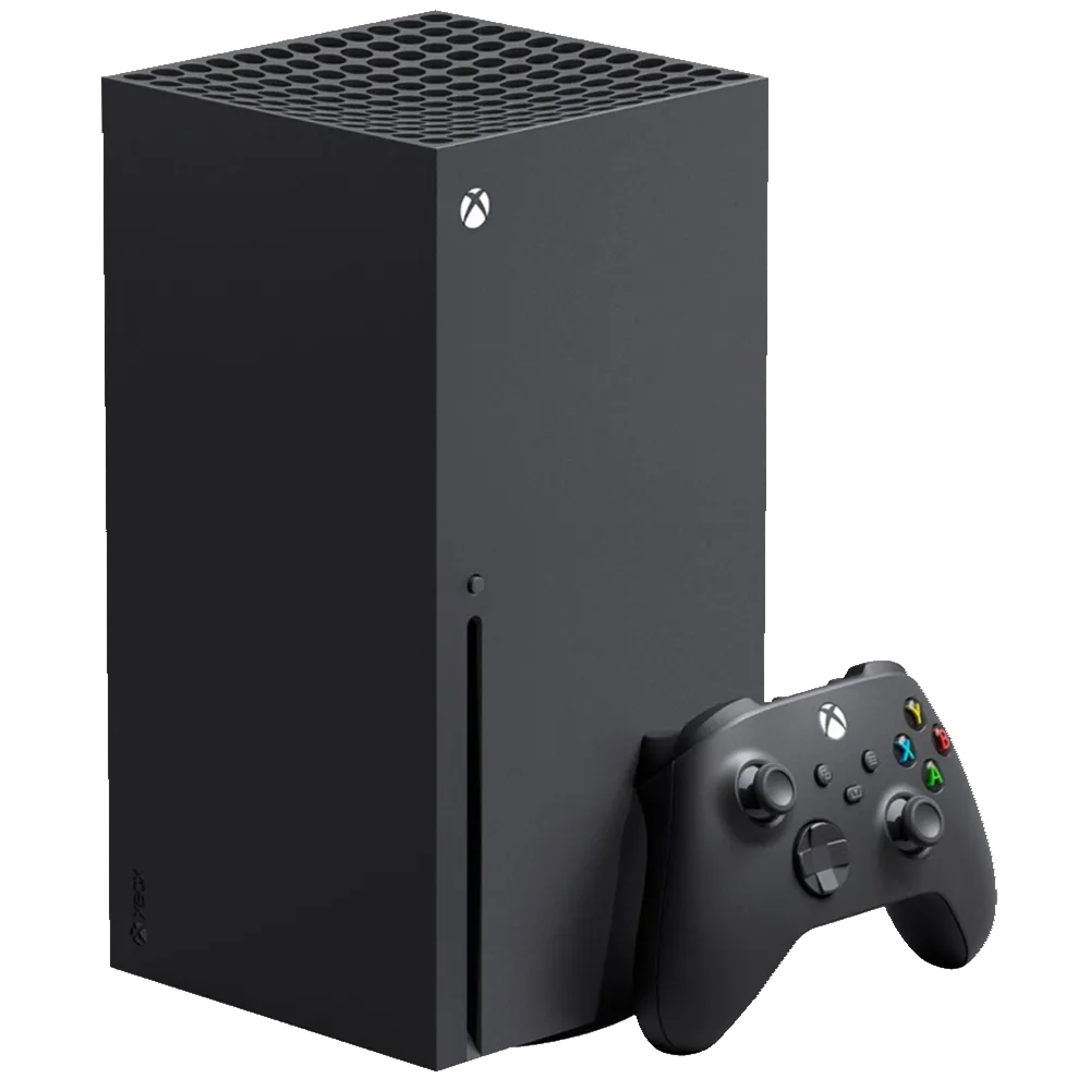 Máy chơi game Xbox Series X màu đen, đặt thẳng đứng, thể hiện sự mạnh mẽ và hiện đại.
