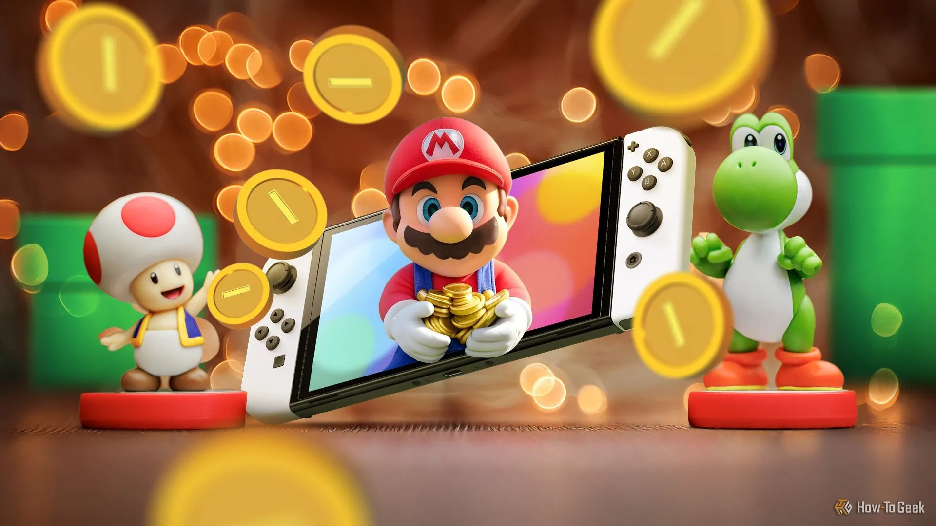 Máy Nintendo Switch hiển thị game Super Mario với các nhân vật Mario, Toad, Yoshi và đồng xu bay xung quanh, minh họa cho chi phí dịch vụ