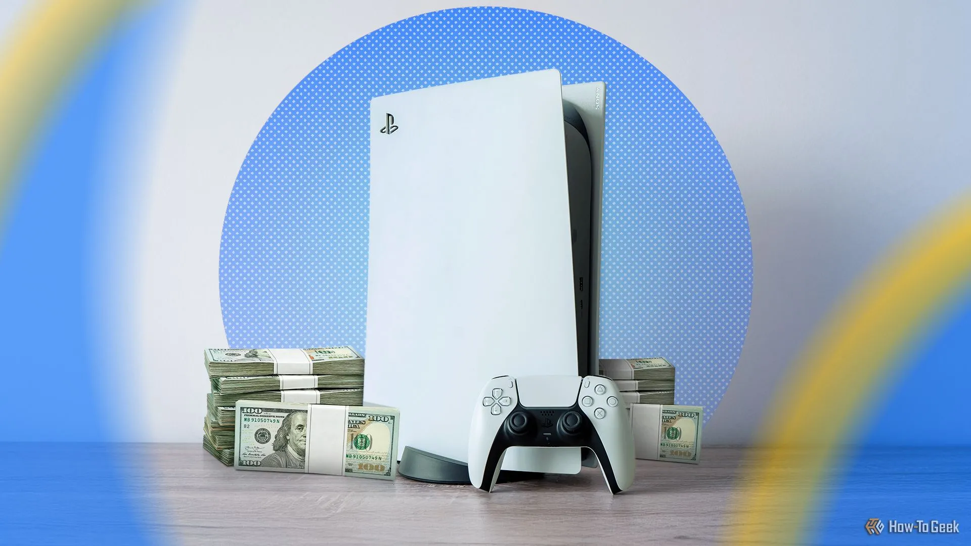 Máy PlayStation 5 đặt cạnh chồng tiền mặt, minh họa chi phí tăng cao và gánh nặng tài chính cho người chơi trong ngành game.