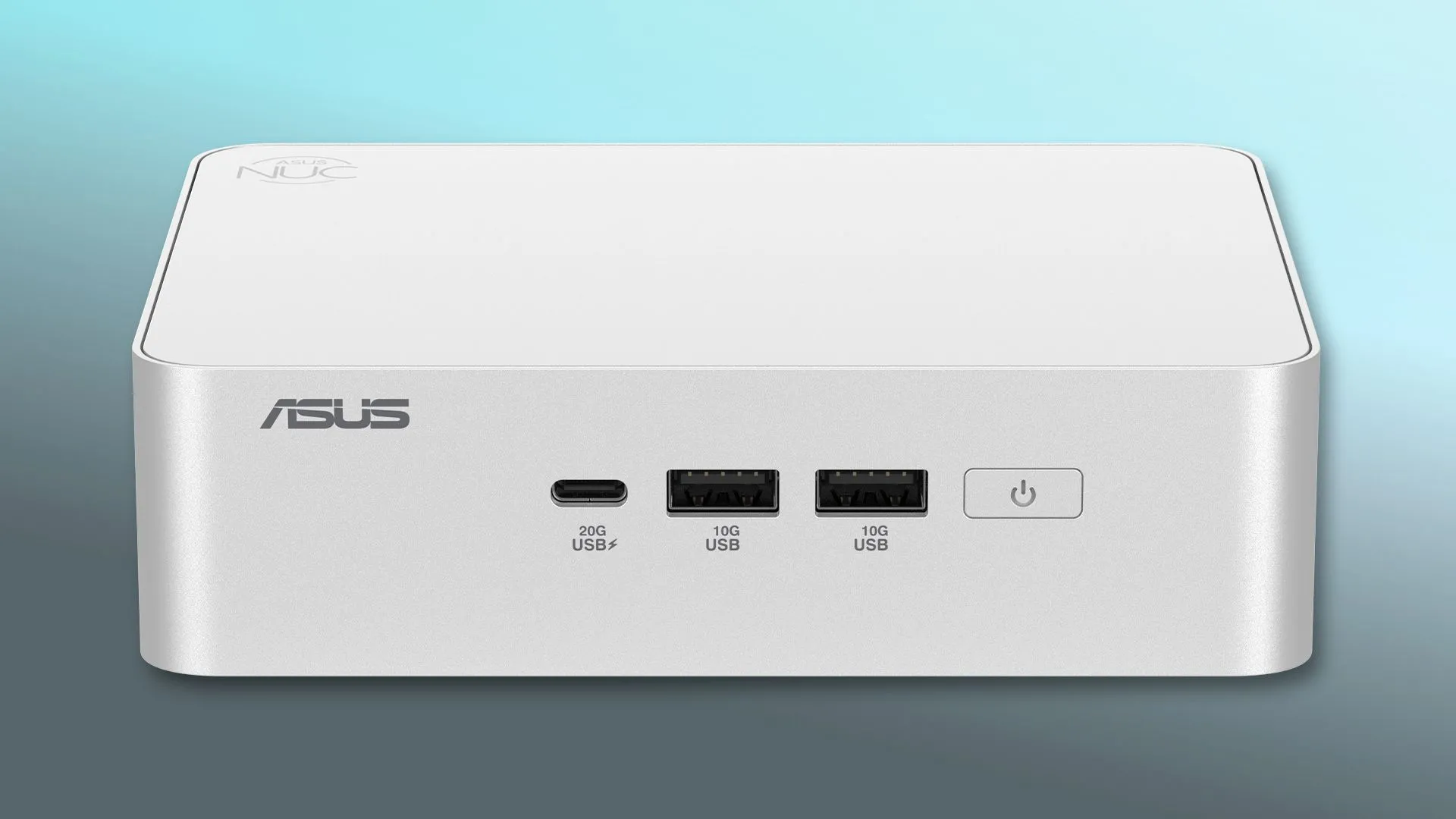 Máy tính mini PC ASUS NUC 15 Pro+ đặt trên mặt bàn, nhỏ gọn và mạnh mẽ với các cổng kết nối phía sau.