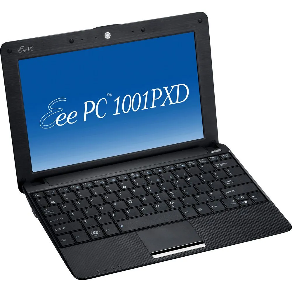 Máy tính xách tay ASUS Eee PC 1001PXD màu đen, màn hình mở hiển thị hệ điều hành Linux.