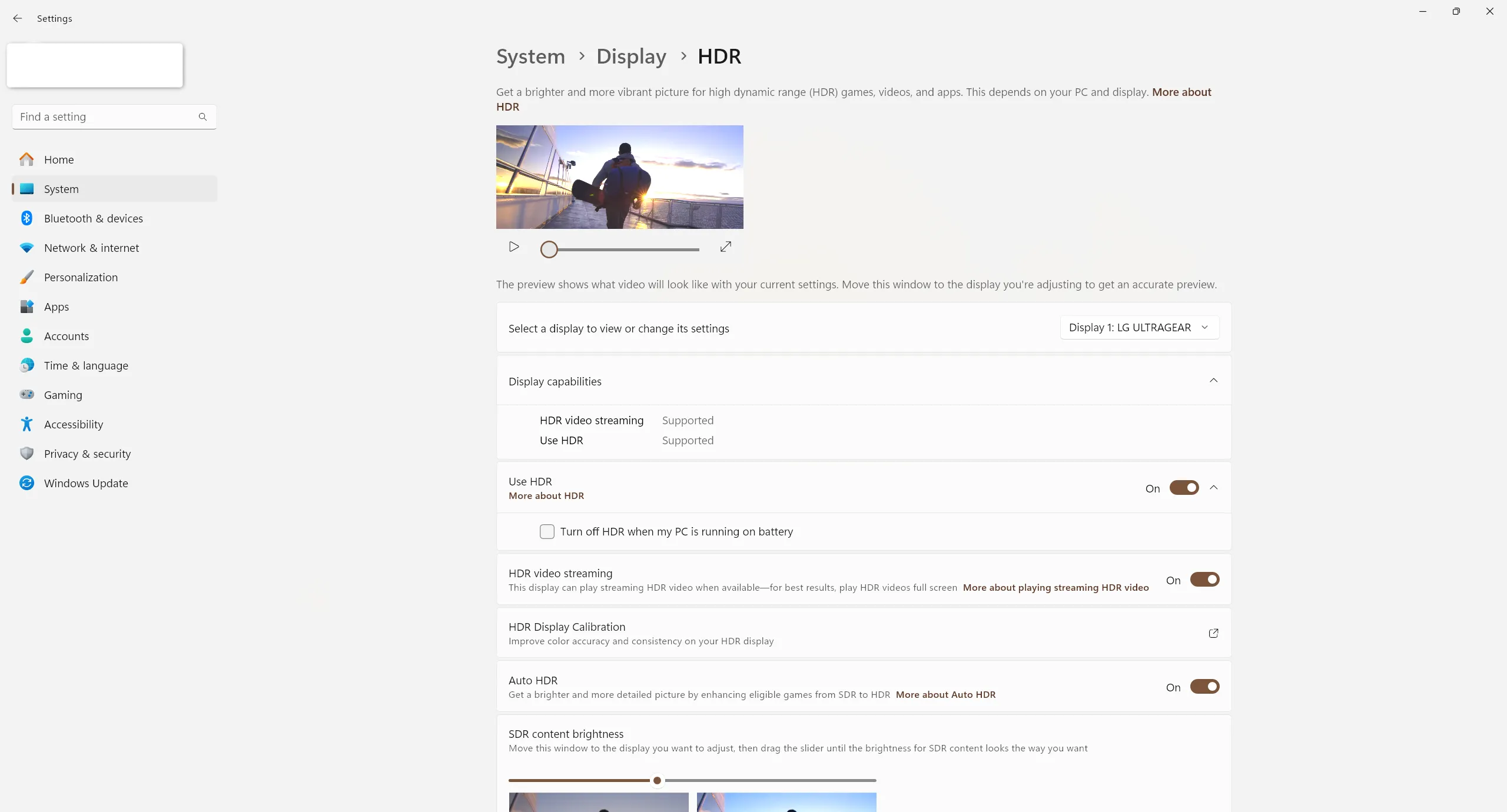 Menu cài đặt HDR trong Windows 11.