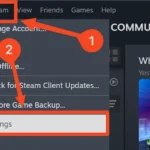 Menu cài đặt Steam, nơi người dùng truy cập các tùy chọn.