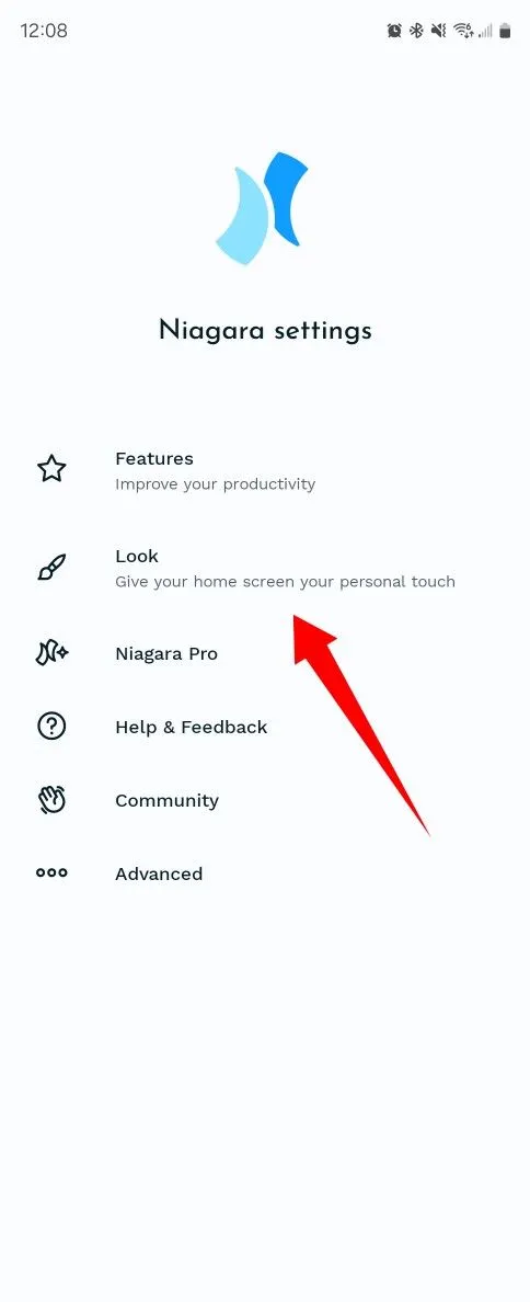 Menu cài đặt trong Niagara Launcher, hiển thị tùy chọn để chọn và áp dụng các gói icon tùy chỉnh.