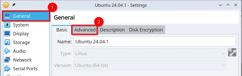 Menu cài đặt VirtualBox của máy ảo, hiển thị các tùy chọn cấu hình nâng cao cho người dùng.