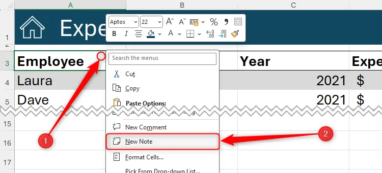 Menu chuột phải trên ô Excel hiển thị tùy chọn &quot;New Note&quot; (Ghi chú Mới) để thêm chú thích cho ô.