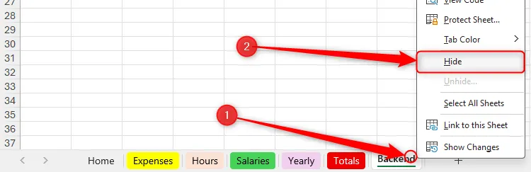 Menu chuột phải trên tab trang tính Excel hiển thị tùy chọn &quot;Hide&quot; (Ẩn) để giấu sheet khỏi tầm nhìn.