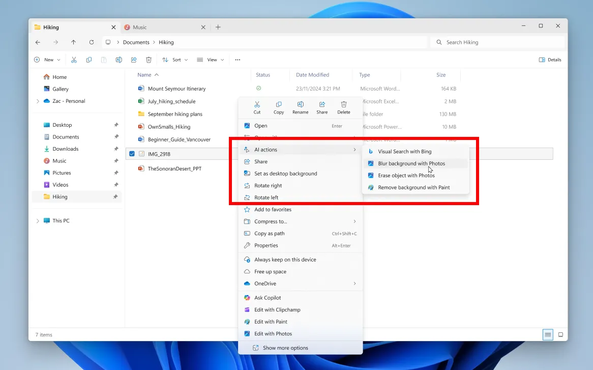 Menu chuột phải trong File Explorer Windows 11 với các tính năng AI nhanh cho tệp hình ảnh