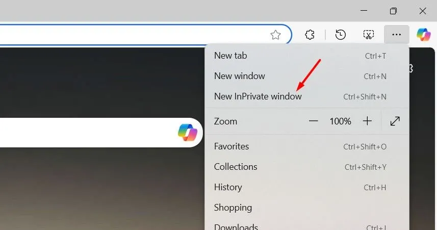 Menu mở cửa sổ InPrivate mới (New InPrivate Window) trong Microsoft Edge