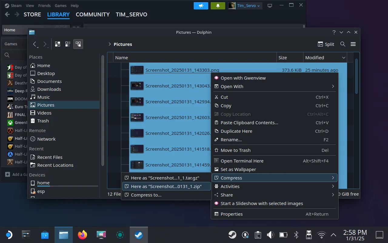 Menu ngữ cảnh trên Steam Deck cho phép nén nhiều file ảnh màn hình thành một tệp ZIP để chuyển đổi