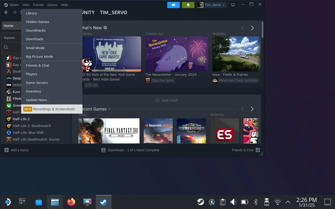 Menu xem ảnh chụp màn hình và bản ghi trong ứng dụng Steam trên SteamOS Desktop