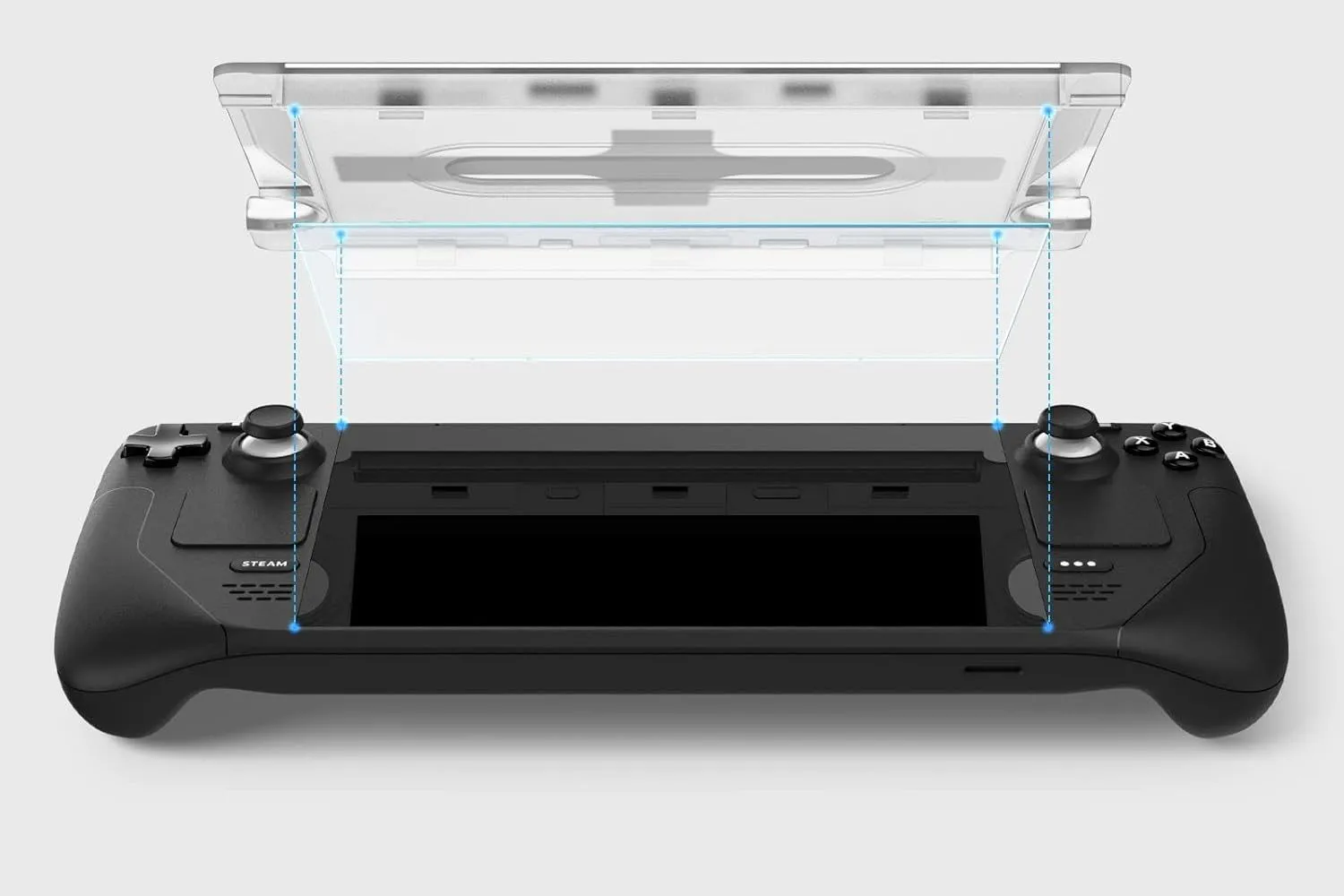 Miếng dán màn hình Spigen Tempered Glass đang được dán lên màn hình Steam Deck, minh họa sự dễ dàng lắp đặt