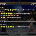 Minh họa các lệnh đầu vào phức tạp trong King of Fighters 2002 Unlimited Match, với hình ảnh Geese Howard nổi bật.