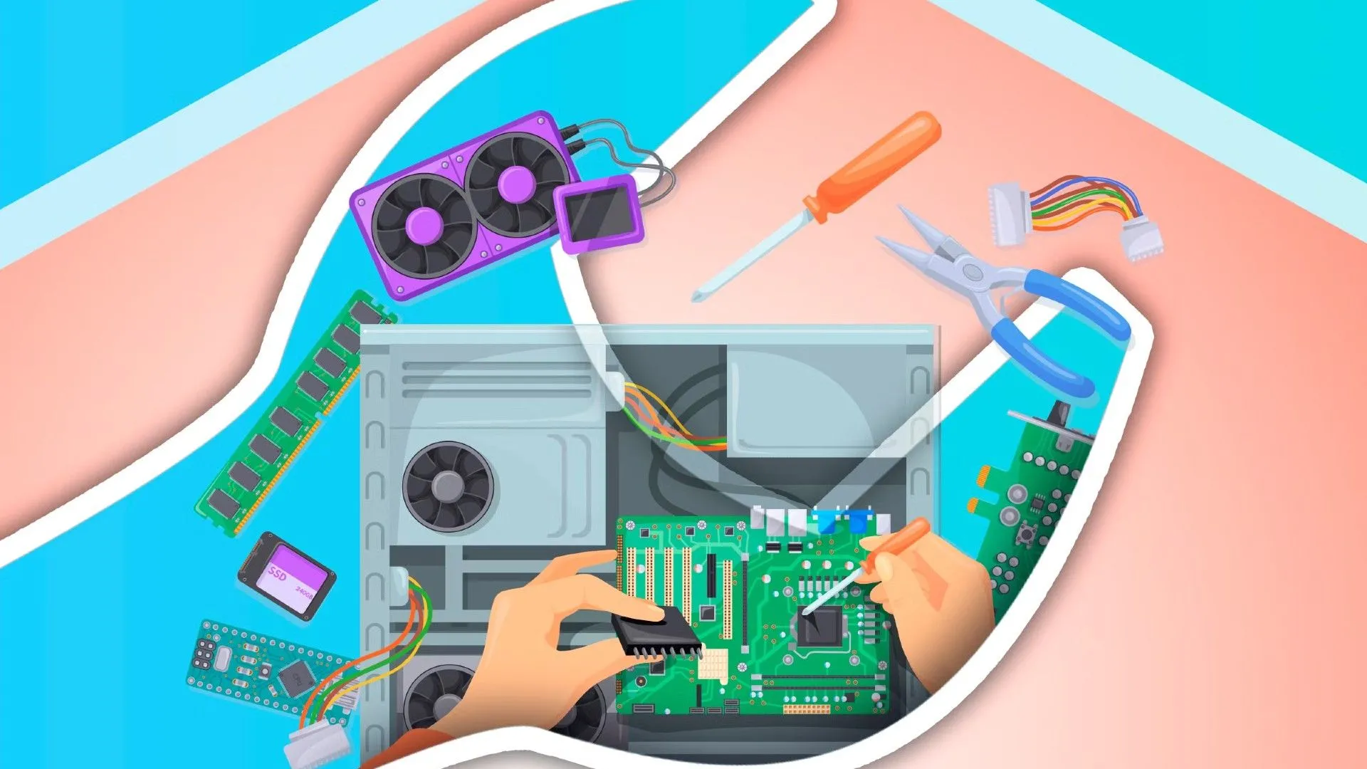 Minh họa một chiếc PC đang được tháo lắp, với các linh kiện và dụng cụ xung quanh, biểu trưng cho chi phí lắp ráp
