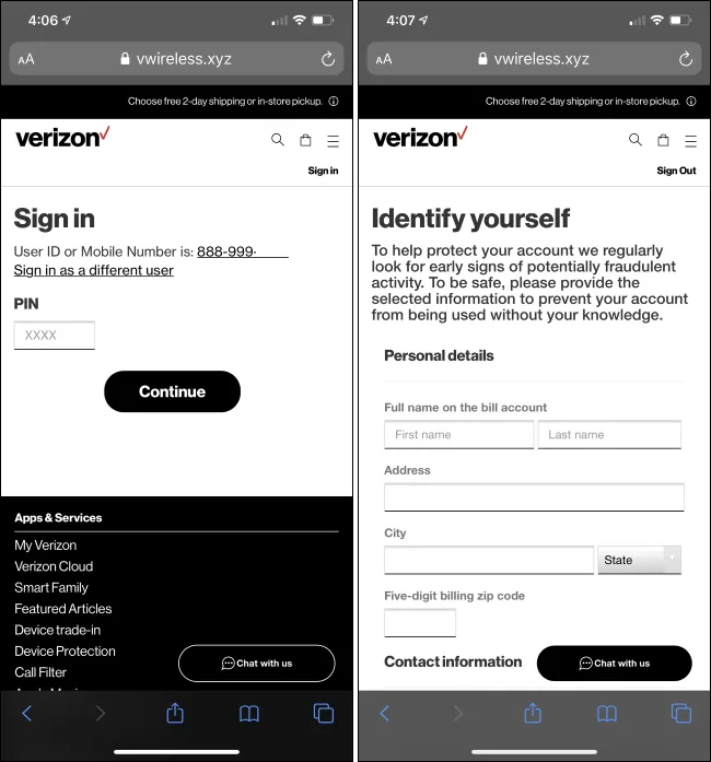 Minh họa một trang web giả mạo Verizon, cho thấy cách lừa đảo giả mạo website (website spoofing) hoạt động để đánh cắp thông tin.