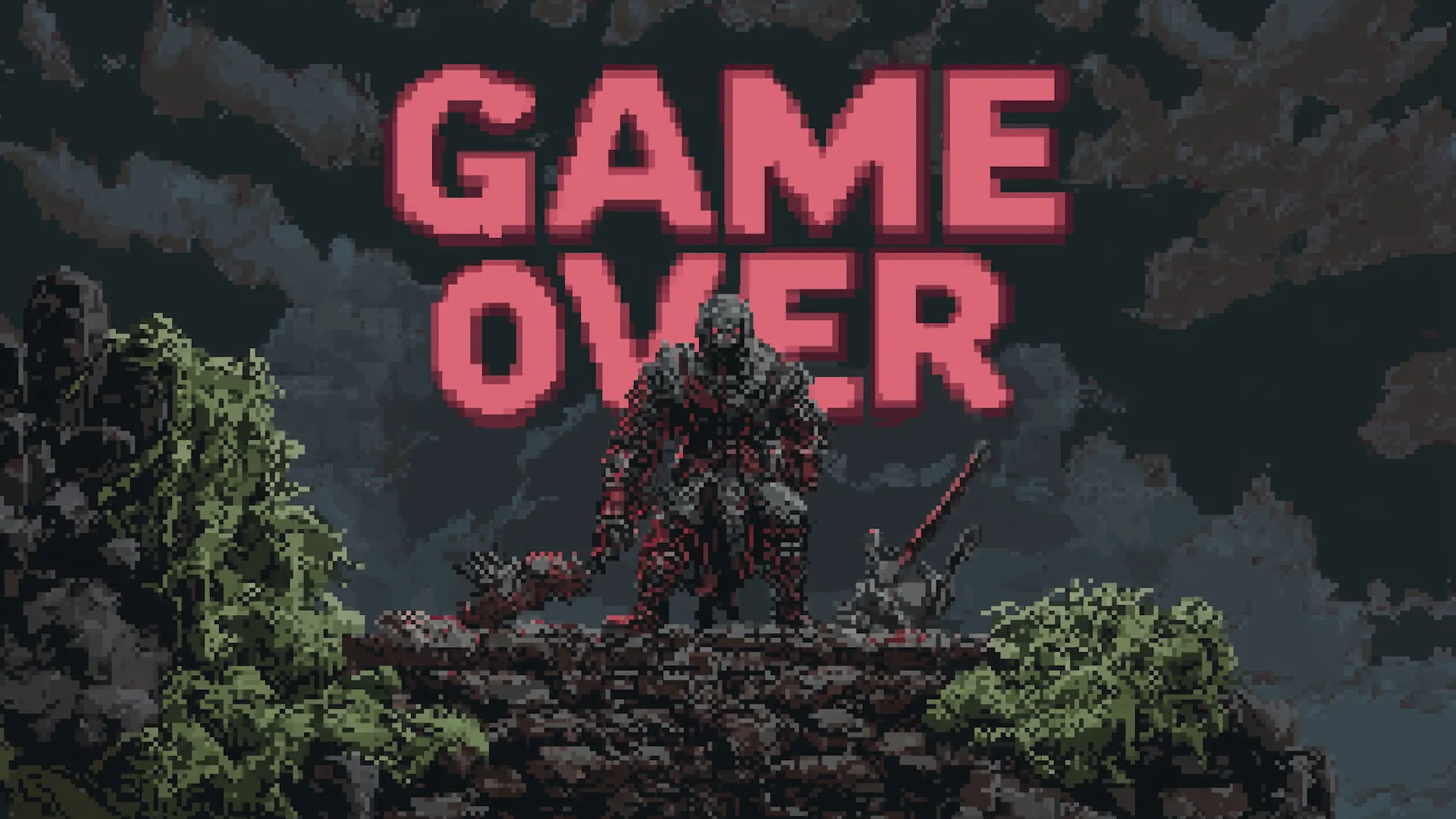 Minh họa pixel art về một chiến binh fantasy đã chết, tượng trưng cho kết thúc Game Over trong các trò chơi.