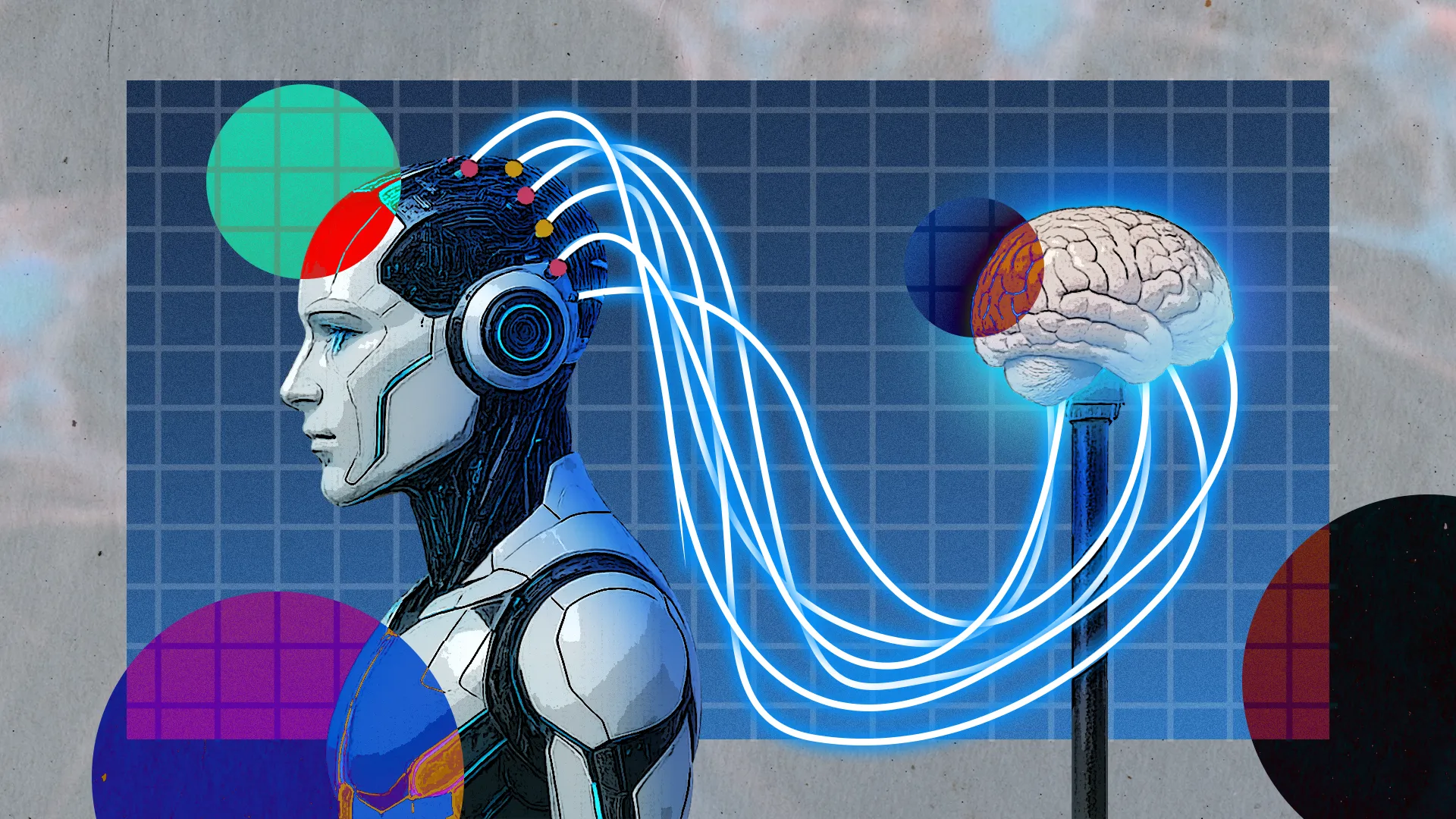 Minh họa robot AI kết nối với bộ não, thể hiện quá trình huấn luyện ảo