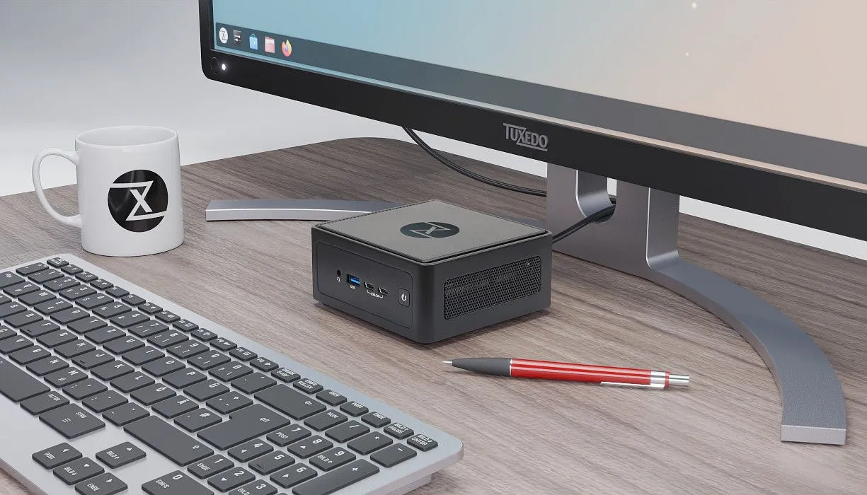 Mini PC TUXEDO Nano Pro Gen 13 với logo TUXEDO, thiết kế tối ưu hiệu năng