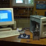 Mô tả máy tính để bàn chạy Windows cũ với màn hình CRT và giao diện Windows XP