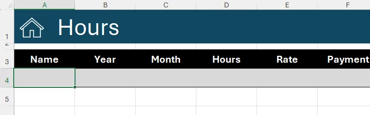 Một bảng trống trong Excel với các tiêu đề cột, và ô trống đầu tiên dưới cột &quot;Name&quot; đang được chọn để thiết lập xác thực dữ liệu.