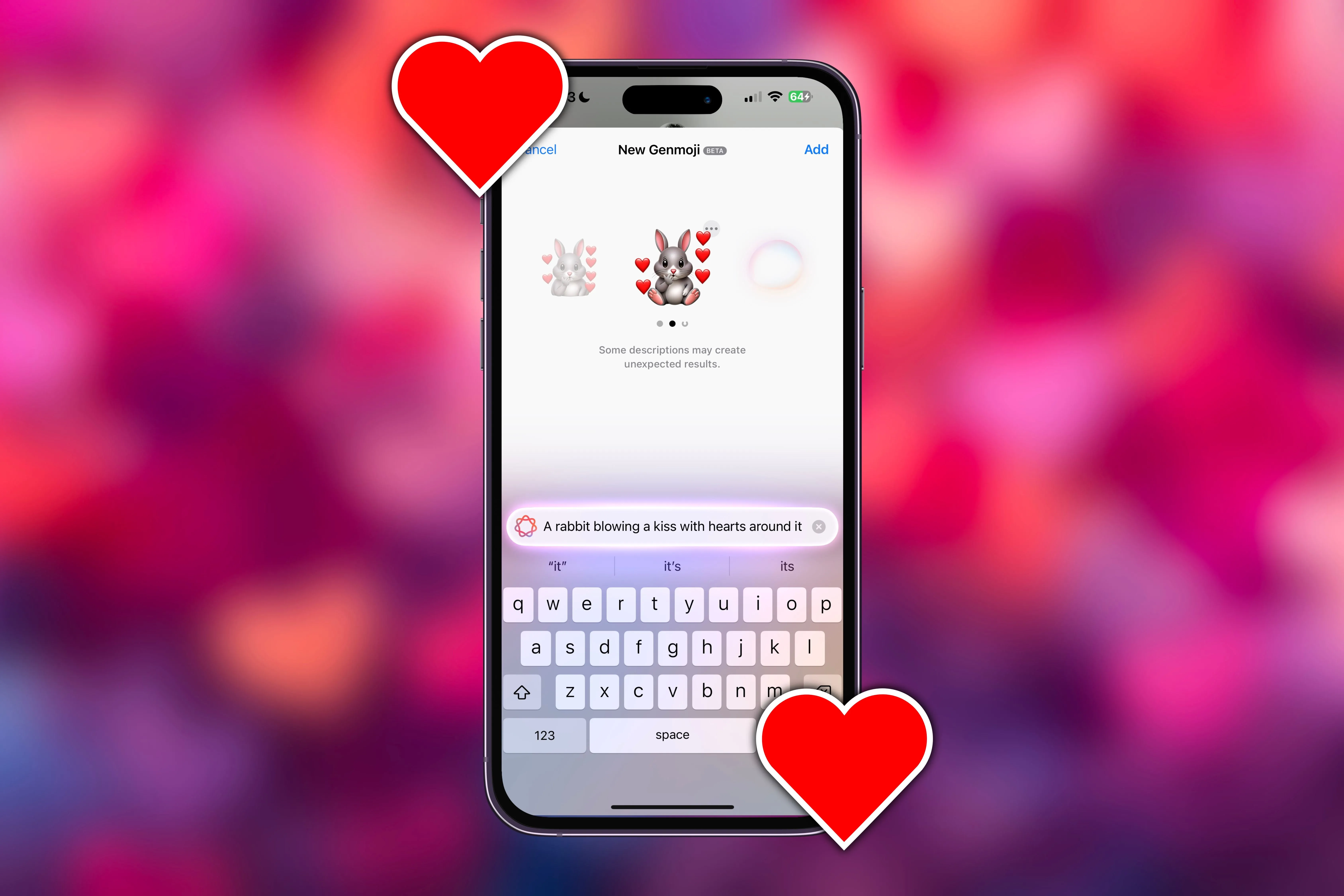 Một biểu tượng cảm xúc Genmoji cá nhân hóa được tạo trên iPhone với các trái tim xung quanh, minh họa cách sử dụng Genmoji để làm tin nhắn lãng mạn.