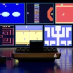 Một chiếc Atari 2600+ và cần điều khiển đặt trước các ảnh chụp màn hình game Atari cổ điển.