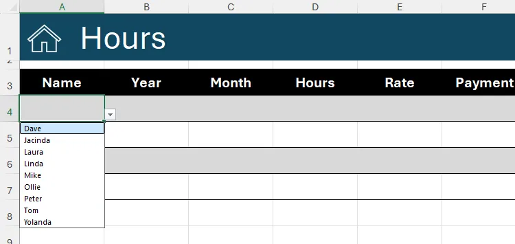 Một danh sách thả xuống các tên hiển thị trong ô Excel, được tạo ra bằng quy tắc Data Validation để giới hạn nhập liệu.