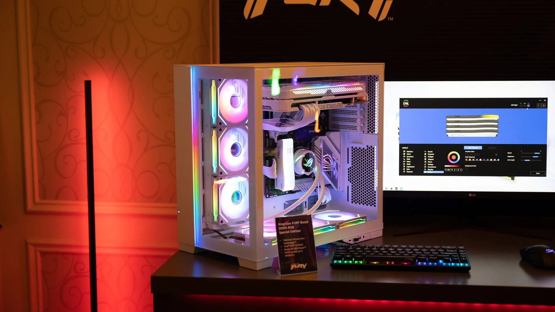 Một máy tính chơi game với bộ nhớ Kingston, quạt RGB, đèn và bộ tản nhiệt CPU MSI, cùng GPU GeForce RTX, tượng trưng cho cấu hình PC mạnh mẽ