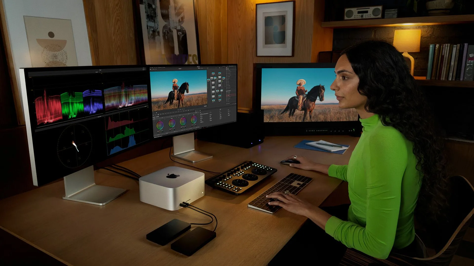 Một người dùng đang làm việc với Mac Studio và hai màn hình, trong đó có một Apple Studio Display, thể hiện không gian làm việc chuyên nghiệp.