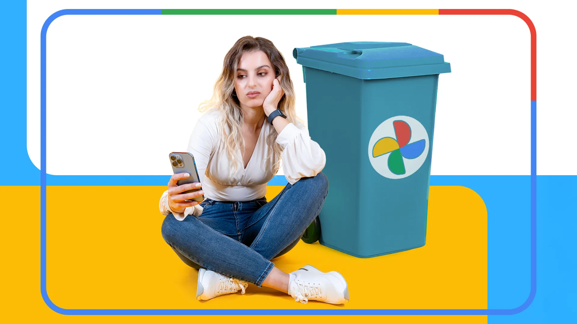 Một người phụ nữ với vẻ mặt thất vọng ngồi trên sàn nhìn vào điện thoại của mình, bên cạnh là một thùng rác màu xanh có logo Google Photos, trên nền màu sắc lấy cảm hứng từ Google.