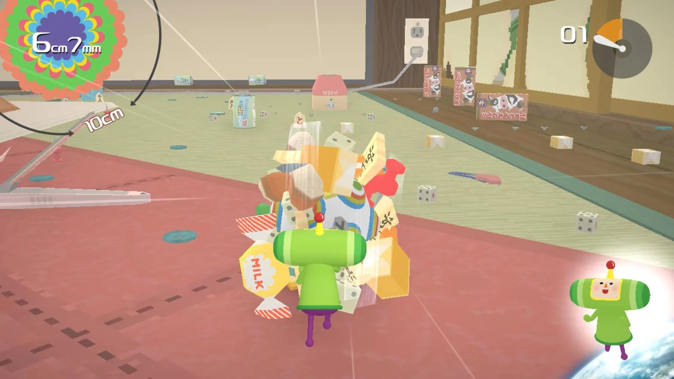 Một quả bóng khổng lồ chứa đầy đồ vật rác rưởi đang lăn trong Katamari Damacy REROLL, thể hiện lối chơi độc đáo của game