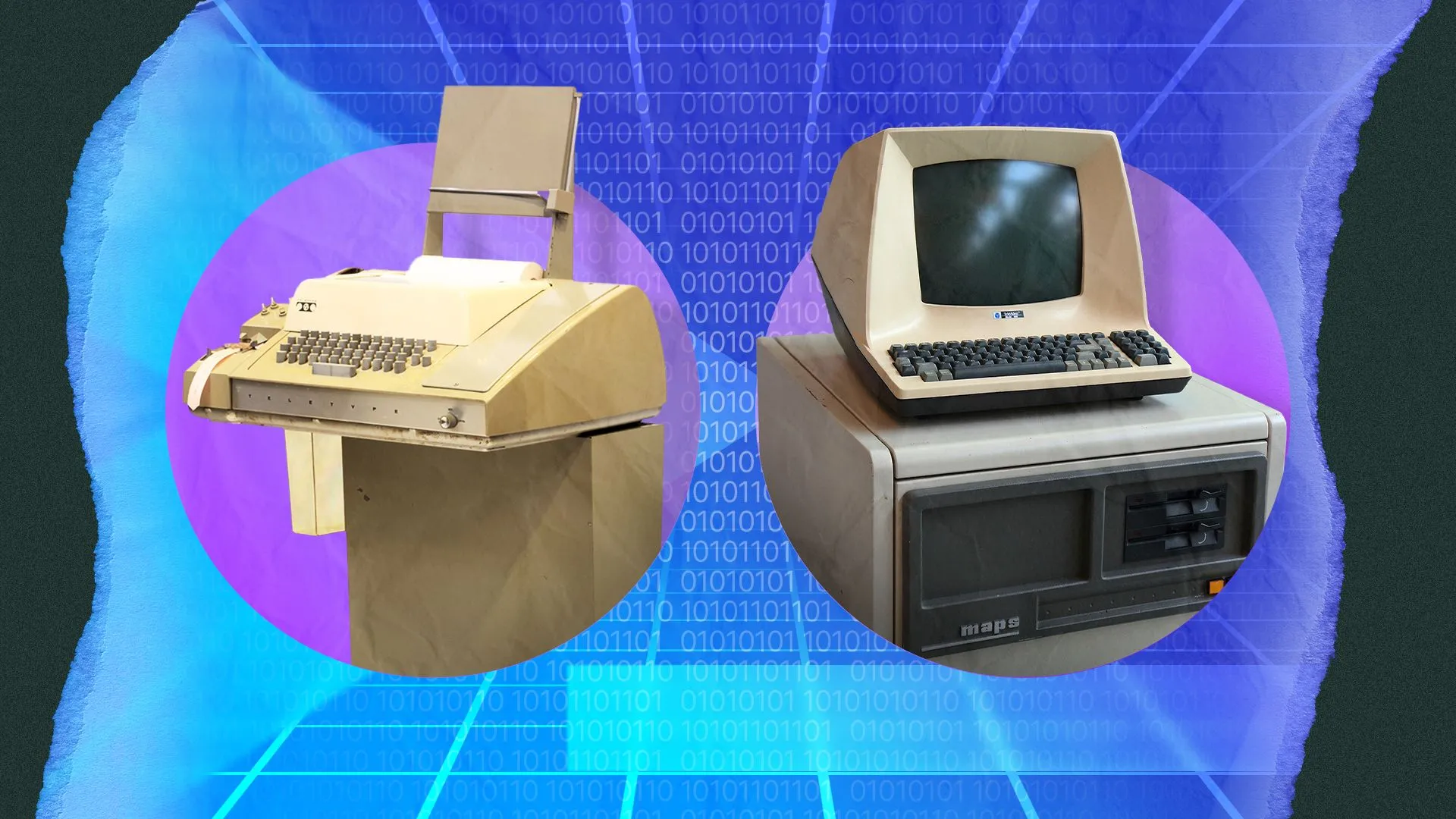 Một thiết bị teletype cổ điển đặt cạnh màn hình hiển thị của máy tính Televideo, cho thấy sự chuyển đổi trong công nghệ hiển thị và nhập liệu.