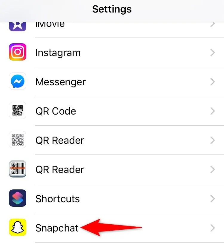 Mục cài đặt ứng dụng Snapchat trong Cài đặt iPhone
