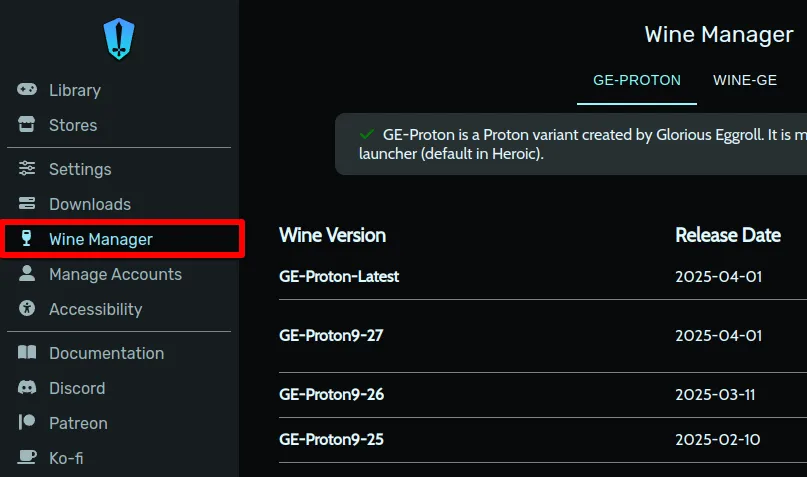 Mục Wine Manager được đánh dấu trong menu điều hướng của Heroic Games Launcher, nơi quản lý các phiên bản Proton.