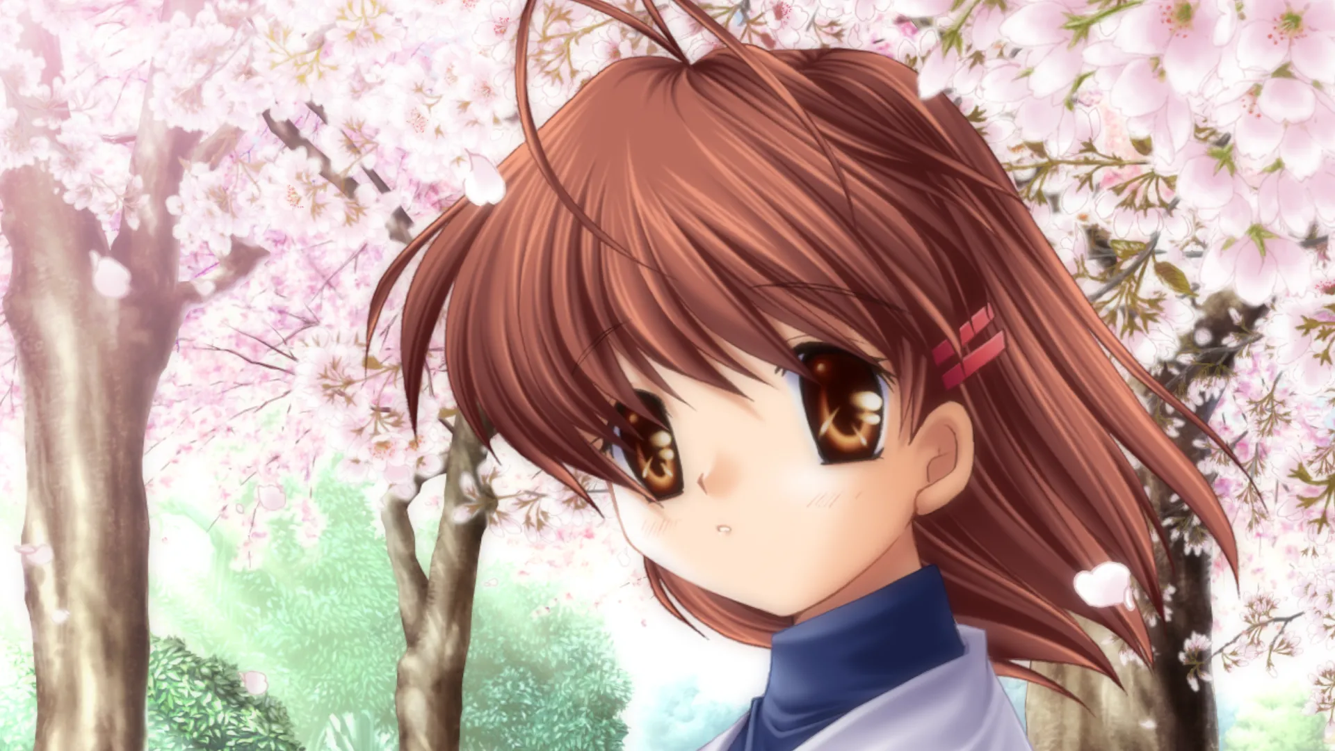 Nagisa Furukawa trong khung cảnh hoa anh đào nở rộ từ CLANNAD, một visual novel kinh điển về tình yêu học đường và những mối quan hệ cảm động.