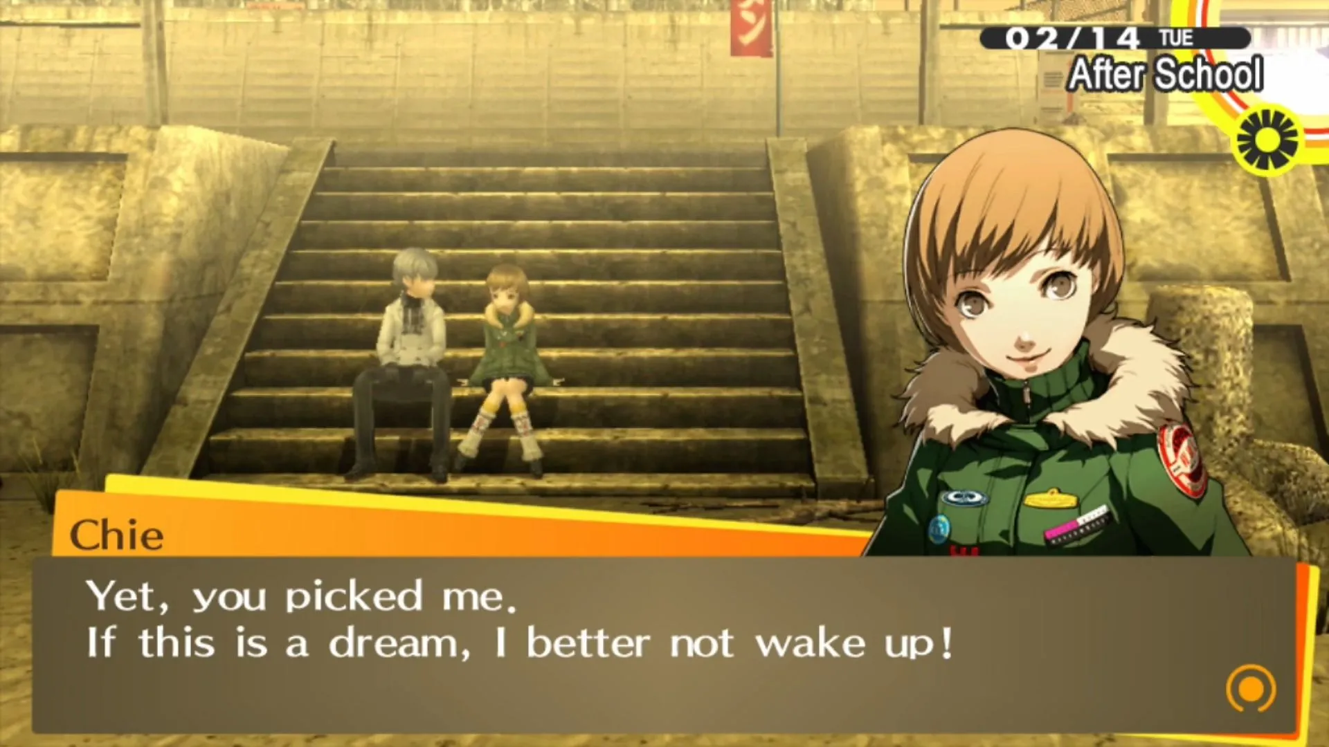 Narukami và Chie trong một cảnh lãng mạn của Persona 4 Golden, minh họa chủ đề trò chuyện và các lựa chọn tình cảm trong game.
