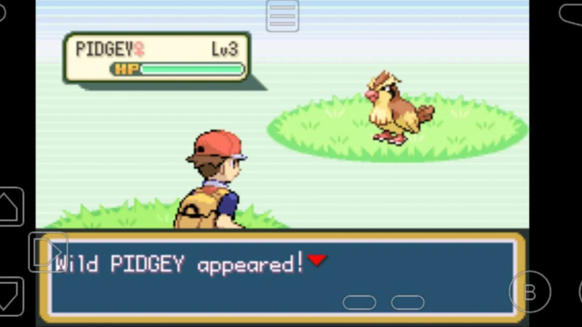 Người chơi đối mặt với Pokémon Pidgey hoang dã trong trận đấu Pokémon Fire Red.