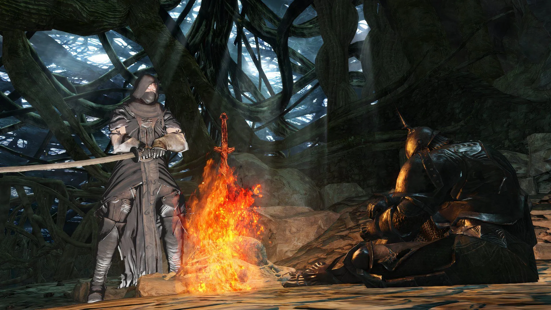Người chơi nghỉ ngơi tại lửa trại trong Dark Souls 2, biểu tượng của sự thư giãn sau khó khăn