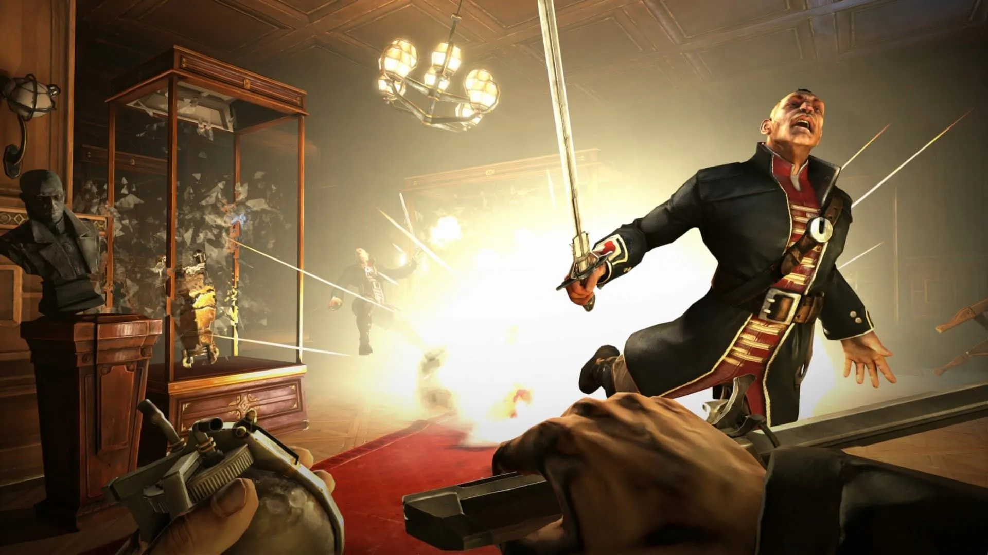 Người chơi trong Dishonored chứng kiến vụ nổ, thể hiện tính tương tác và tự do trong lối chơi immersive sim