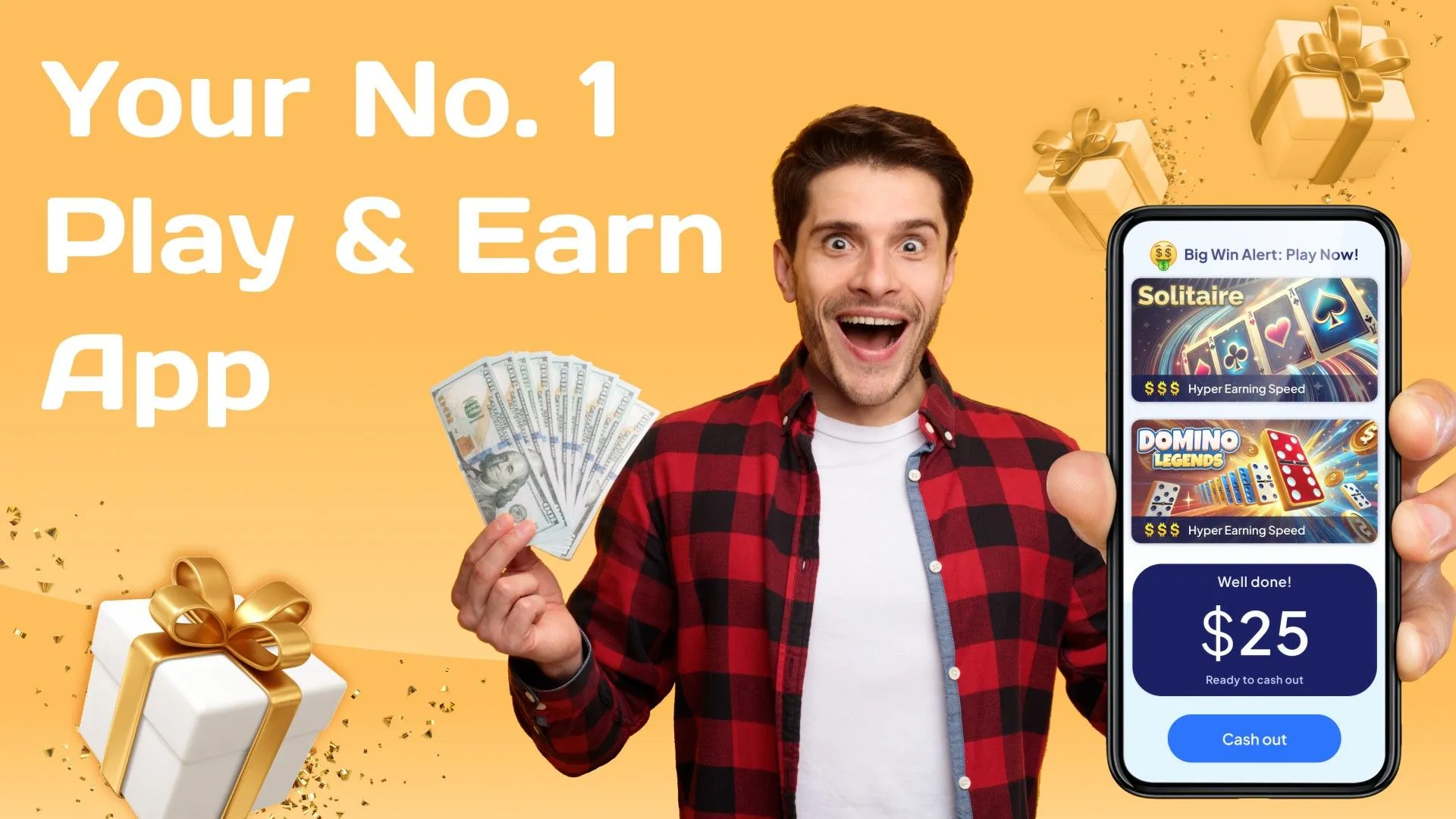 Người đàn ông cầm điện thoại với ứng dụng Bestplay hiển thị phần thưởng , minh họa việc chơi game kiếm tiền