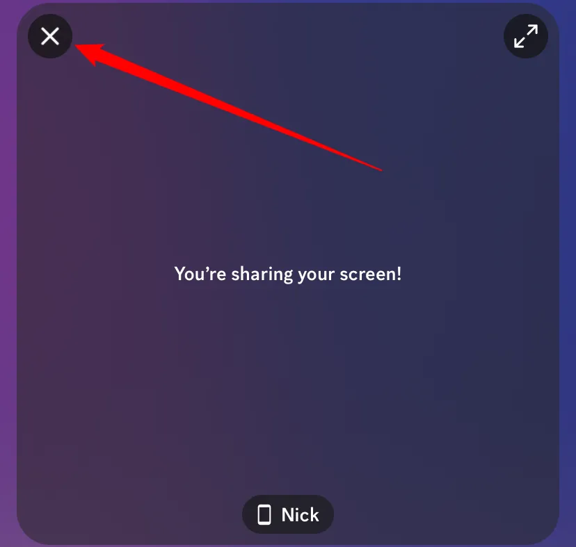 Nhấn biểu tượng &quot;X&quot; ở góc trên bên trái để thoát và dừng chia sẻ màn hình Discord.