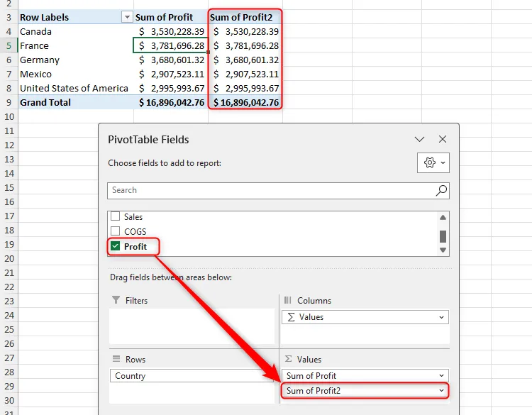 Nhân đôi cột Sum of Profit trong PivotTable Excel để hiển thị thêm dữ liệu lợi nhuận.